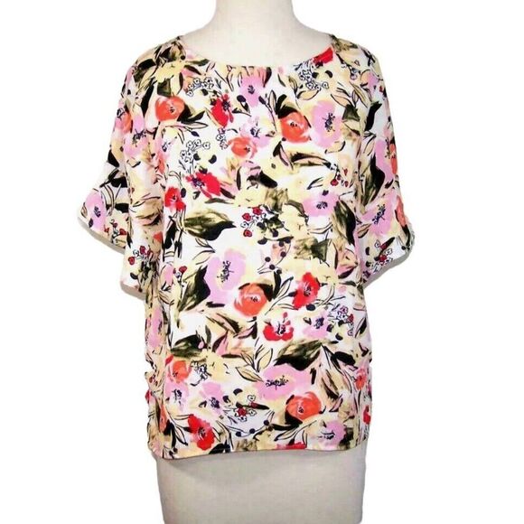 Ellen Tracy Shirt Large Floral Short Flutter Sleeves Keyhole Womens Blouse Top - Picture 1 of 9